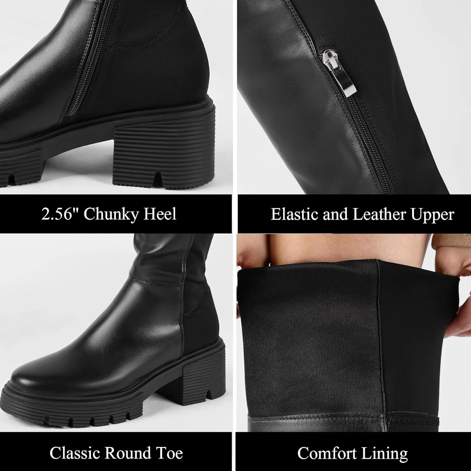 ErikenUrben Women Black Thigh High Boots Suede Over The Knee High Boots Platform Chunky Heel Stretch Boots Zip