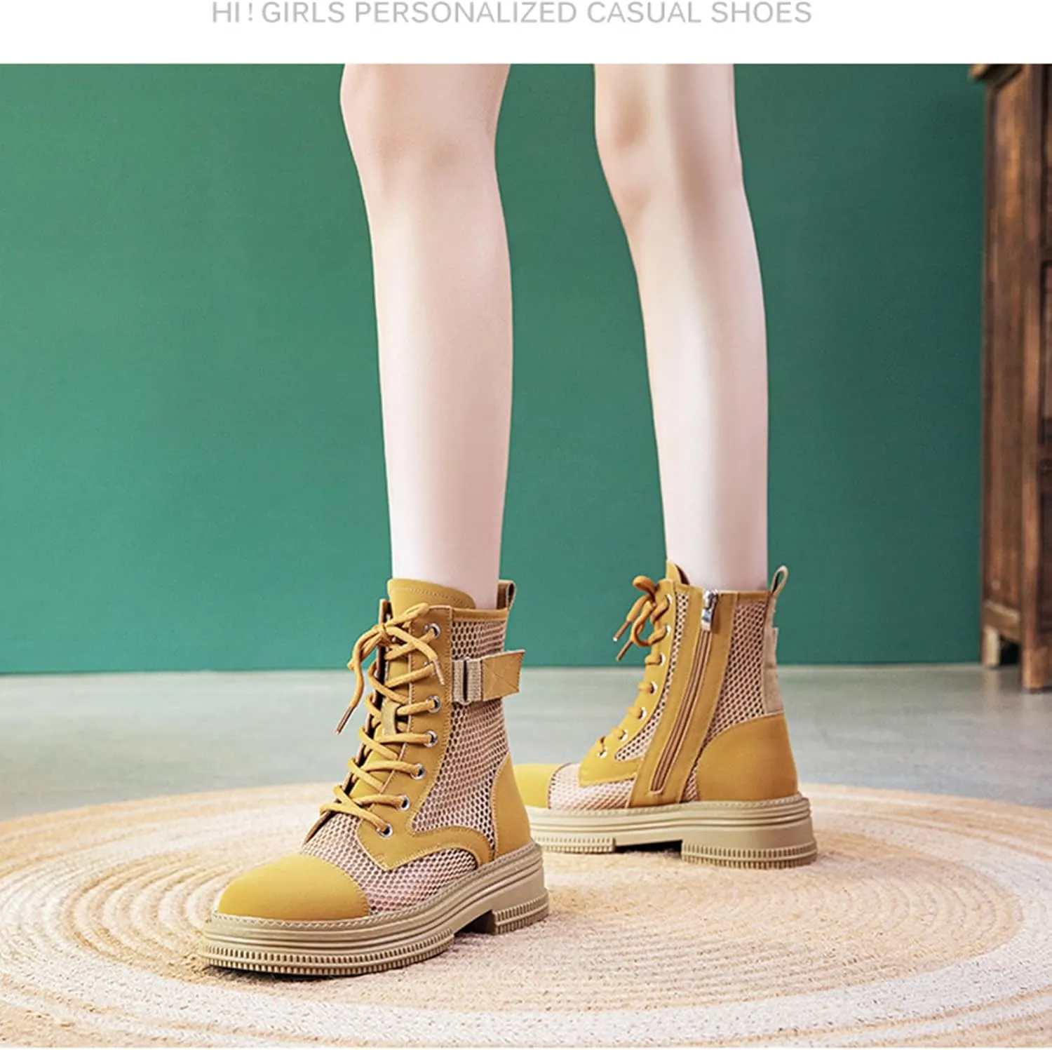 ErikenUrben Women Mesh Combat Boots Platform Lace up Ankle Boots Zip