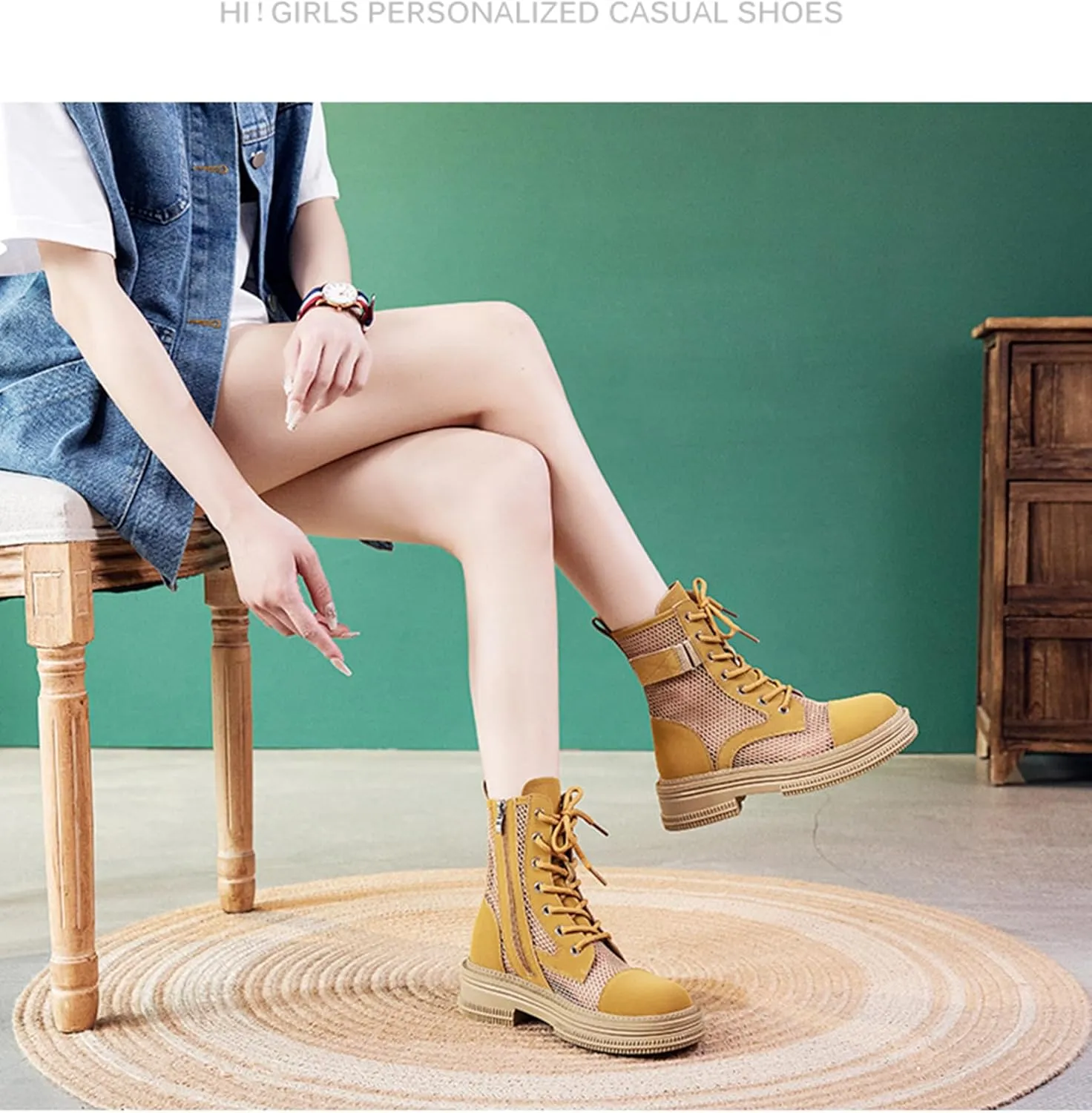 ErikenUrben Women Mesh Combat Boots Platform Lace up Ankle Boots Zip