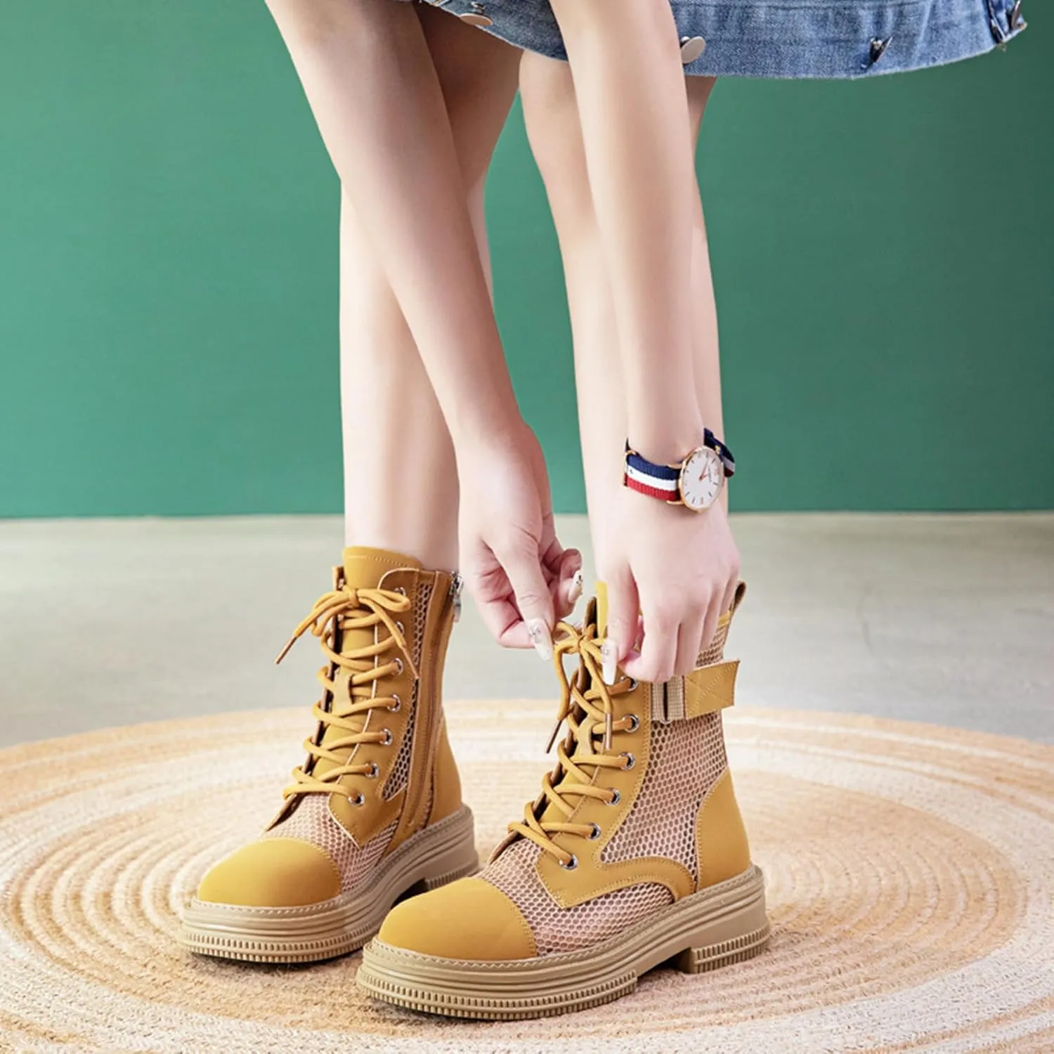 ErikenUrben Women Mesh Combat Boots Platform Lace up Ankle Boots Zip