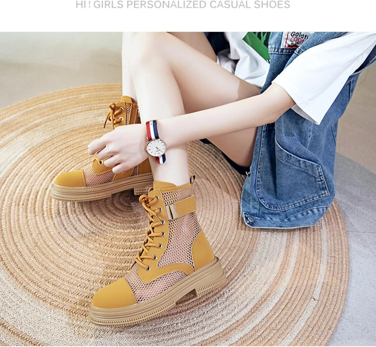 ErikenUrben Women Mesh Combat Boots Platform Lace up Ankle Boots Zip