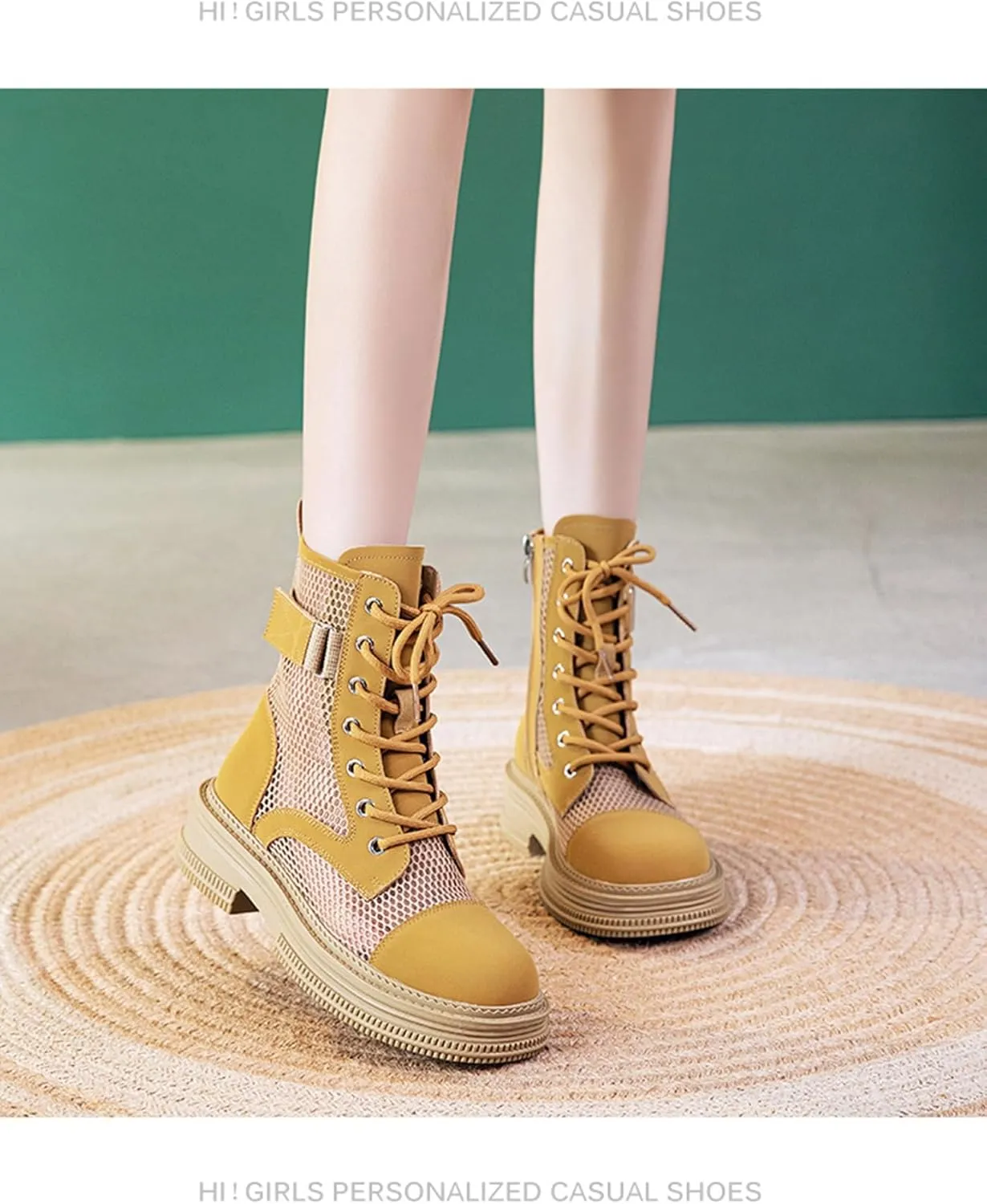 ErikenUrben Women Mesh Combat Boots Platform Lace up Ankle Boots Zip