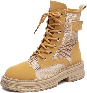 ErikenUrben Women Mesh Combat Boots Platform Lace up Ankle Boots Zip