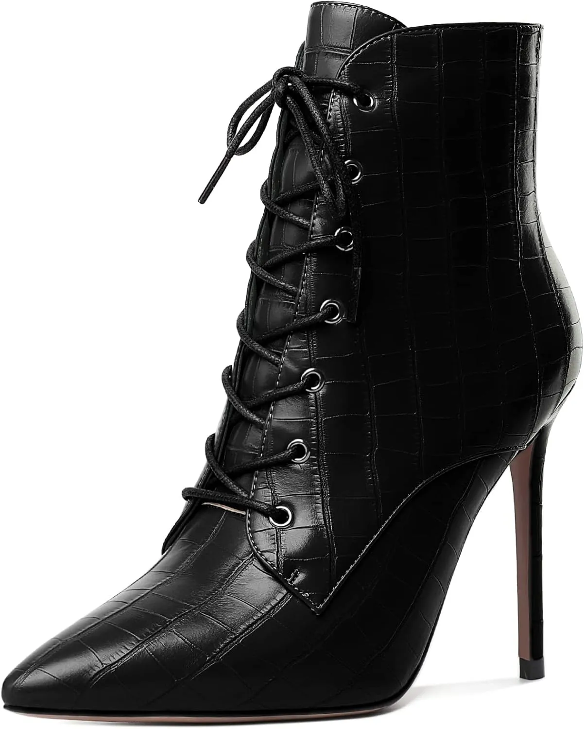 Esvowido Women's Ankle Boots Pointed Toe Stiletto High Heel Boots Side Zipper Booties Lace Up Boots Party Dressy Shoes 4 Inch