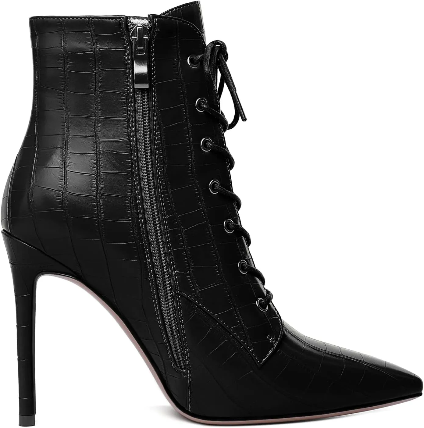 Esvowido Women's Ankle Boots Pointed Toe Stiletto High Heel Boots Side Zipper Booties Lace Up Boots Party Dressy Shoes 4 Inch