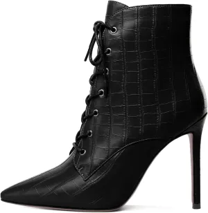 Esvowido Women's Ankle Boots Pointed Toe Stiletto High Heel Boots Side Zipper Booties Lace Up Boots Party Dressy Shoes 4 Inch