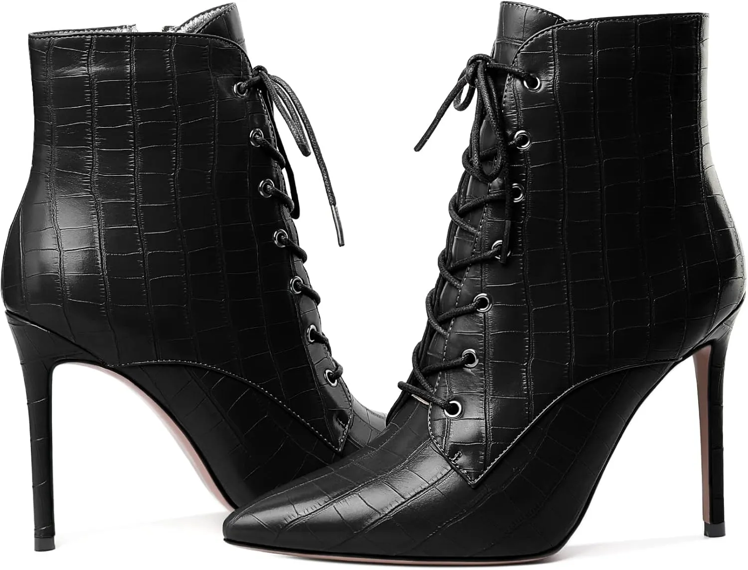 Esvowido Women's Ankle Boots Pointed Toe Stiletto High Heel Boots Side Zipper Booties Lace Up Boots Party Dressy Shoes 4 Inch