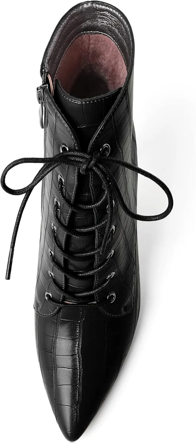 Esvowido Women's Ankle Boots Pointed Toe Stiletto High Heel Boots Side Zipper Booties Lace Up Boots Party Dressy Shoes 4 Inch