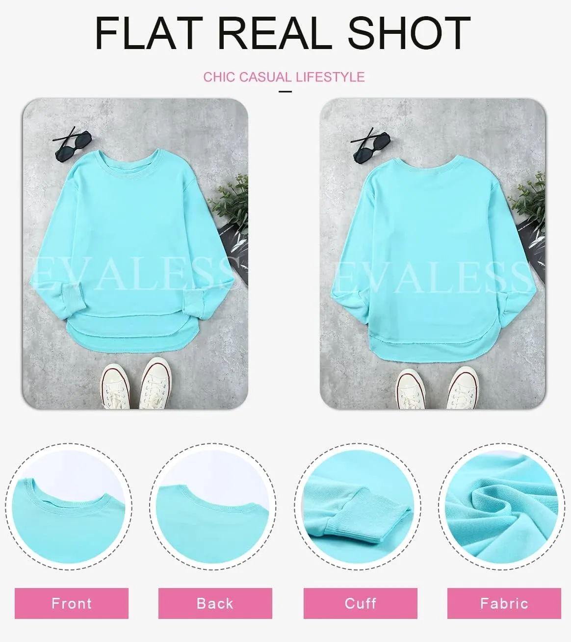 EVALESS Sweatshirt for Women Casual Solid Color Crewneck Long Sleeve Side Split Tops Loose Fit Pullover Shirts