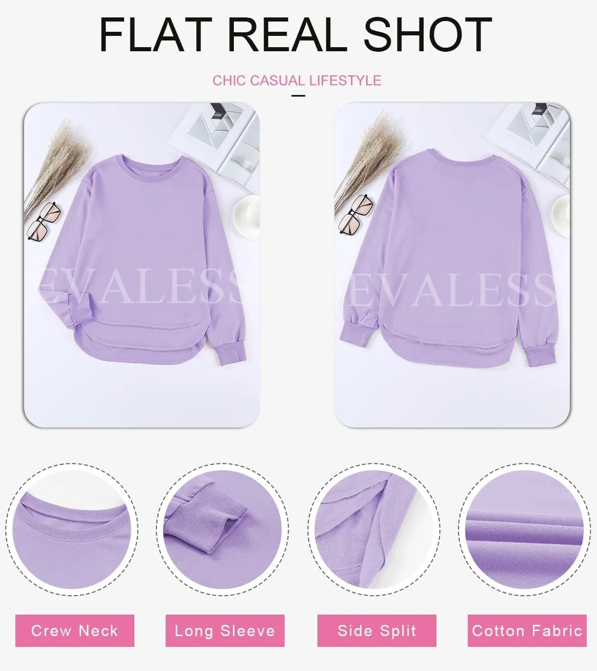 EVALESS Sweatshirt for Women Casual Solid Color Crewneck Long Sleeve Side Split Tops Loose Fit Pullover Shirts
