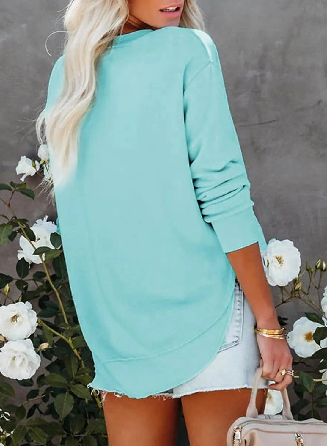 EVALESS Sweatshirt for Women Casual Solid Color Crewneck Long Sleeve Side Split Tops Loose Fit Pullover Shirts