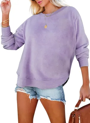 EVALESS Sweatshirt for Women Casual Solid Color Crewneck Long Sleeve Side Split Tops Loose Fit Pullover Shirts