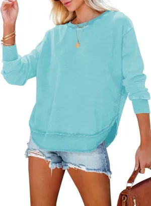 EVALESS Sweatshirt for Women Casual Solid Color Crewneck Long Sleeve Side Split Tops Loose Fit Pullover Shirts