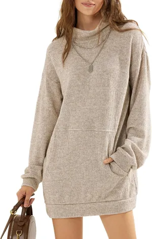 EXLURA Womens Casual Oversized Long Sleeve Sweater Dress with Pocket Loose Fit Knit Fall Winter Long Pullover Sweater Tunic