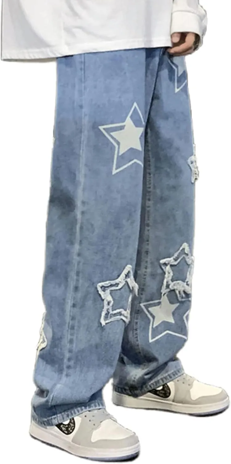 FCOOLYEET Men's Y2K Jeans Hip Hop Baggy Star Denim Pants Grunge Aesthetic Streetwear Jeans Relaxed Fit Trousers