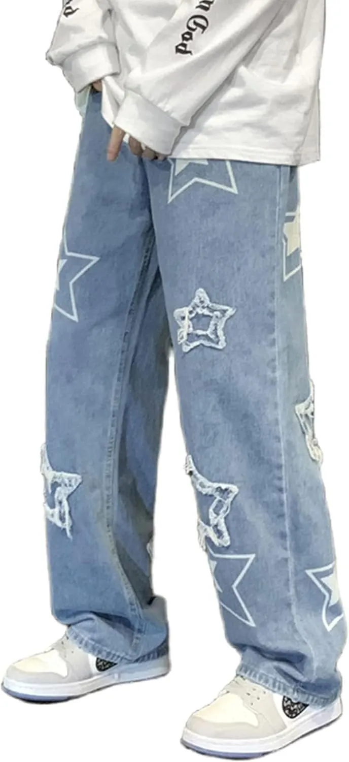 FCOOLYEET Men's Y2K Jeans Hip Hop Baggy Star Denim Pants Grunge Aesthetic Streetwear Jeans Relaxed Fit Trousers