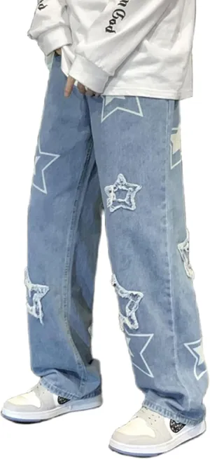 FCOOLYEET Men's Y2K Jeans Hip Hop Baggy Star Denim Pants Grunge Aesthetic Streetwear Jeans Relaxed Fit Trousers