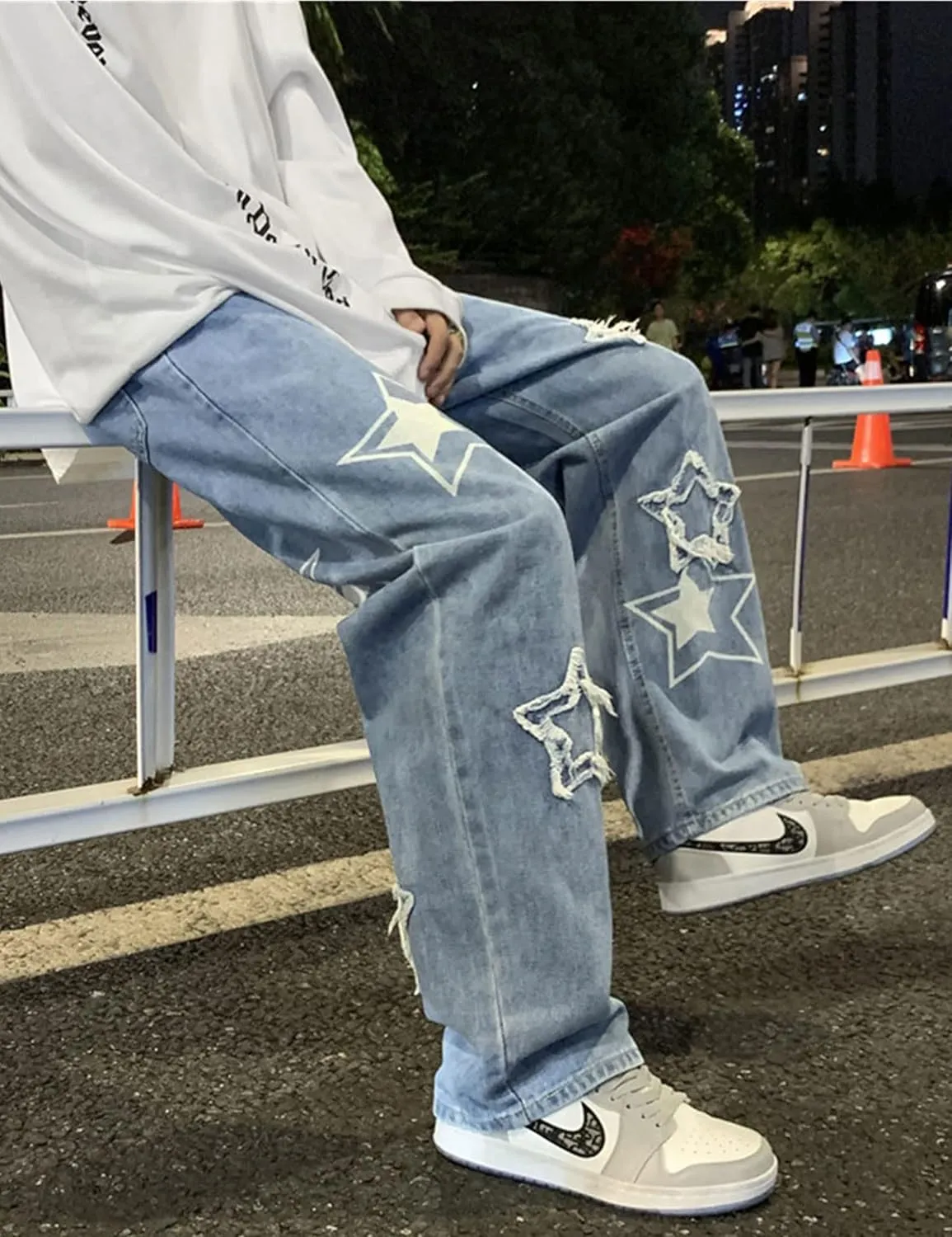 FCOOLYEET Men's Y2K Jeans Hip Hop Baggy Star Denim Pants Grunge Aesthetic Streetwear Jeans Relaxed Fit Trousers