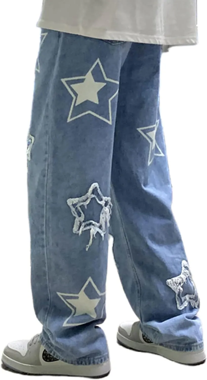 FCOOLYEET Men's Y2K Jeans Hip Hop Baggy Star Denim Pants Grunge Aesthetic Streetwear Jeans Relaxed Fit Trousers
