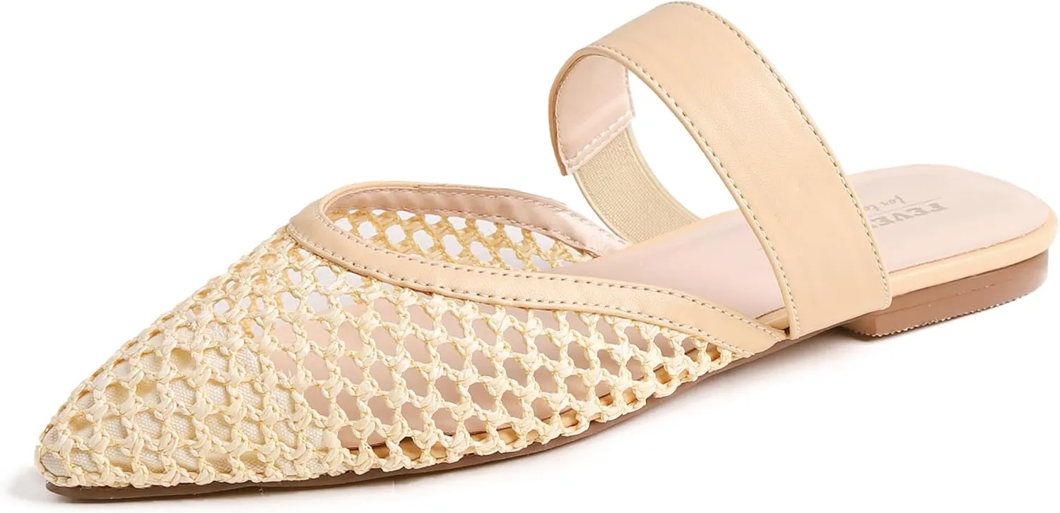 FEVERSOLE Pointed Toe Casual Slingback Flat Mules Women's Fashion Buckle Strap Slide Summer Slippers