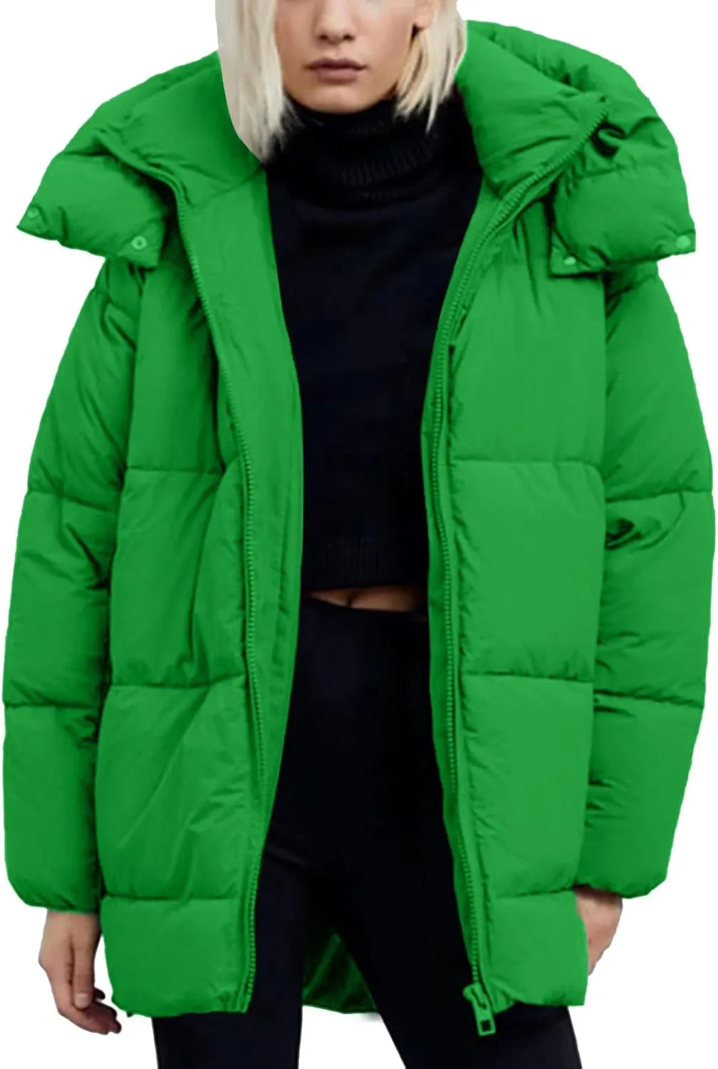 Flygo Womens Hooded Quilted Puffer Jacket Mid-Length Padded Warm Winter Heavyweight Coat Outerwear