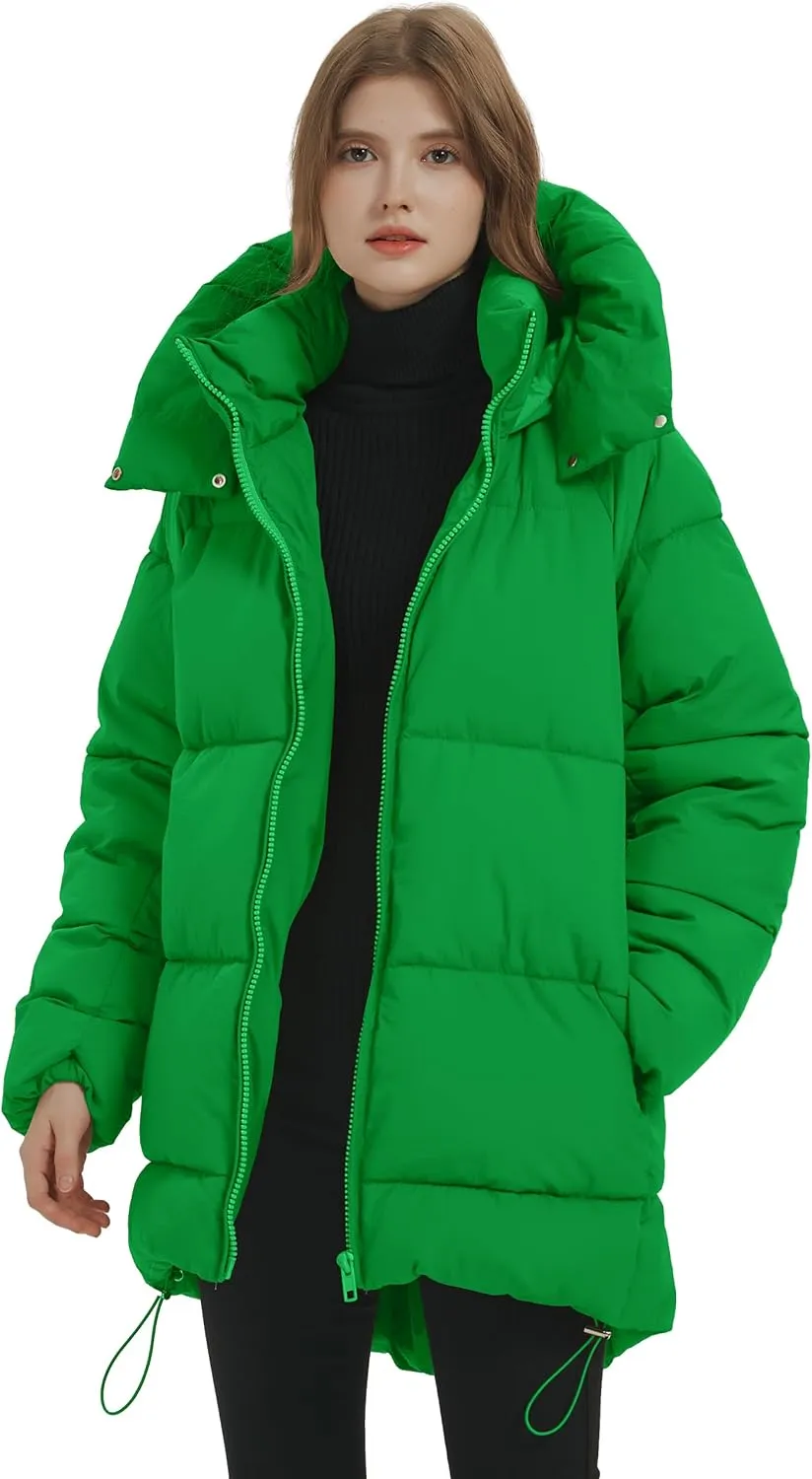 Flygo Womens Hooded Quilted Puffer Jacket Mid-Length Padded Warm Winter Heavyweight Coat Outerwear