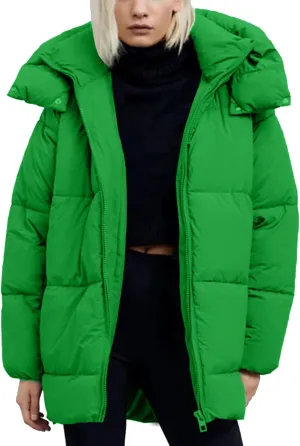 Flygo Womens Hooded Quilted Puffer Jacket Mid-Length Padded Warm Winter Heavyweight Coat Outerwear