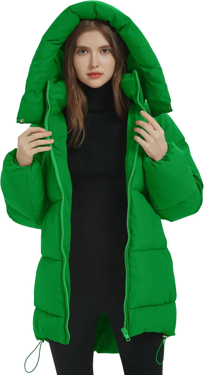 Flygo Womens Hooded Quilted Puffer Jacket Mid-Length Padded Warm Winter Heavyweight Coat Outerwear