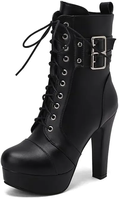 ForeMode Women's Goth Leather Block Heel Ankle Boots Fashion Studded Ankle Strap Trim Punk Boots