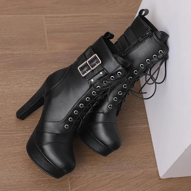 ForeMode Women's Goth Leather Block Heel Ankle Boots Fashion Studded Ankle Strap Trim Punk Boots