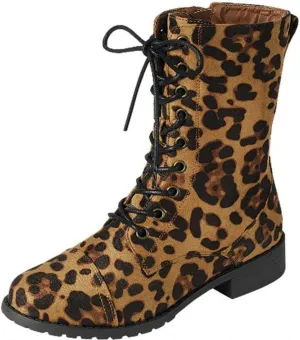 Forever Link Womens Round Toe Military Lace up Knit Ankle Cuff Low Heel Combat Boots