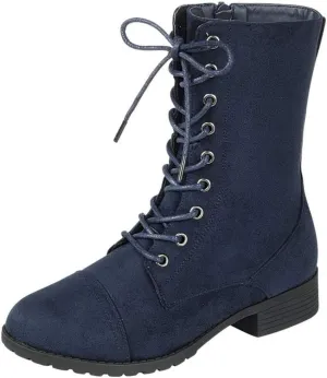Forever Link Womens Round Toe Military Lace up Knit Ankle Cuff Low Heel Combat Boots
