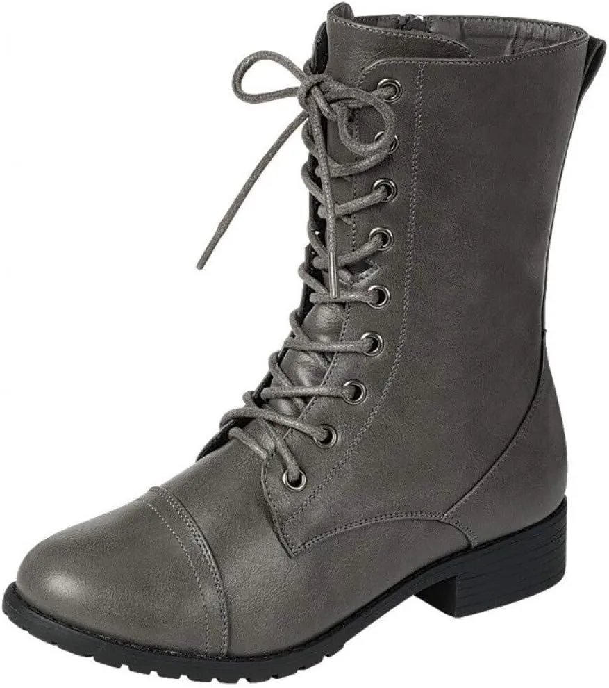 Forever Link Womens Round Toe Military Lace up Knit Ankle Cuff Low Heel Combat Boots