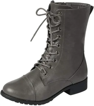 Forever Link Womens Round Toe Military Lace up Knit Ankle Cuff Low Heel Combat Boots