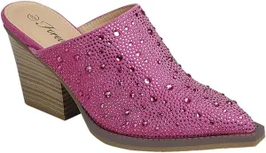 Forever Women Pointed Toe Rhinestone Slip on Mules Chunky Heel Sandals