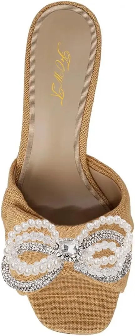 FOWT Women Graceful Pearl Bowknot Open Toe Slip On Slide Sandals Comfortable Low Heel Summer Party Casual Slippers Size 4-16 US
