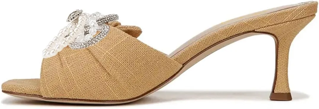 FOWT Women Graceful Pearl Bowknot Open Toe Slip On Slide Sandals Comfortable Low Heel Summer Party Casual Slippers Size 4-16 US