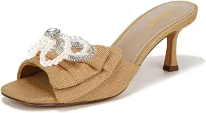 FOWT Women Graceful Pearl Bowknot Open Toe Slip On Slide Sandals Comfortable Low Heel Summer Party Casual Slippers Size 4-16 US