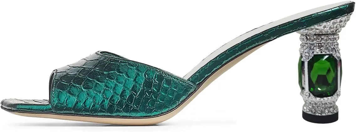 FOWT Women Graceful Peep Toe Crystal Chunky Low Heel Mules Slip On Comfortable Ladies Party Dress Casual Shoes Size 4-16 US