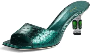 FOWT Women Graceful Peep Toe Crystal Chunky Low Heel Mules Slip On Comfortable Ladies Party Dress Casual Shoes Size 4-16 US