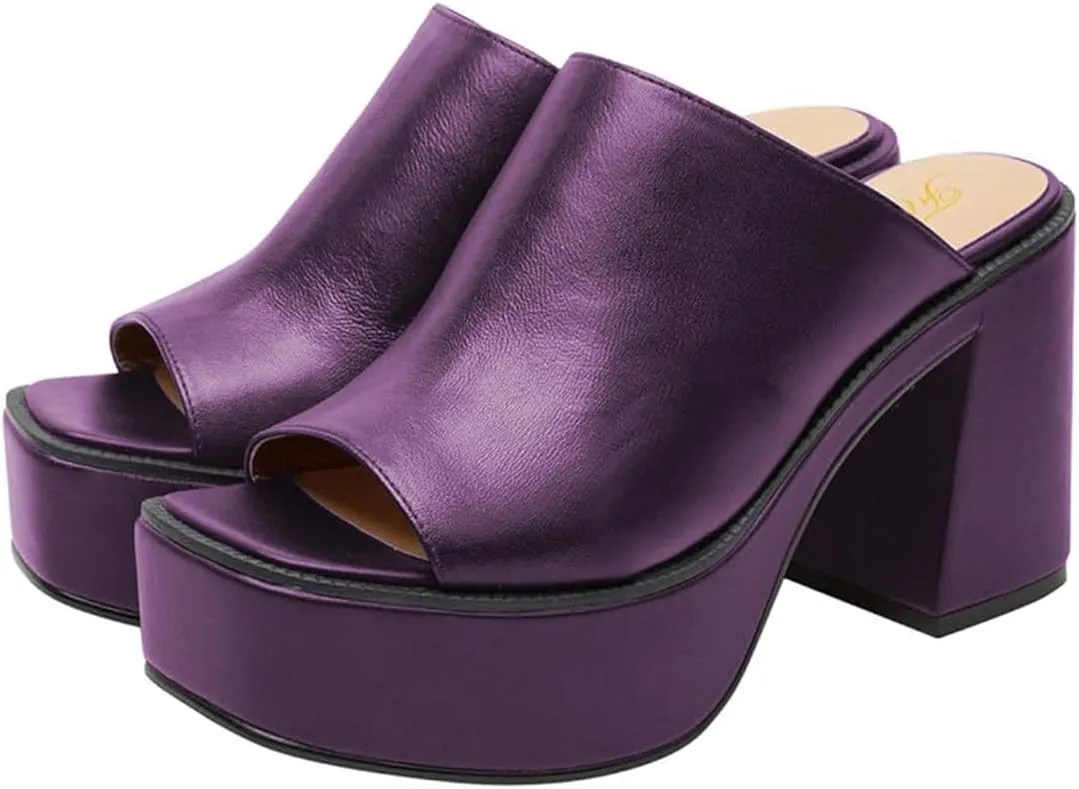 FOWT Women Open Toe Block High Heel Platform Mules Slip On Fashion Party Evening Dressy Slipper Shoes Size 4-16 US