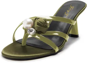 FOWT Women Pearl Flower Rhinestone Open Split Toe Mules Slip on Mid Heel Slide Sandals Stylish Summer Party Club Shoes Size 4-16 US