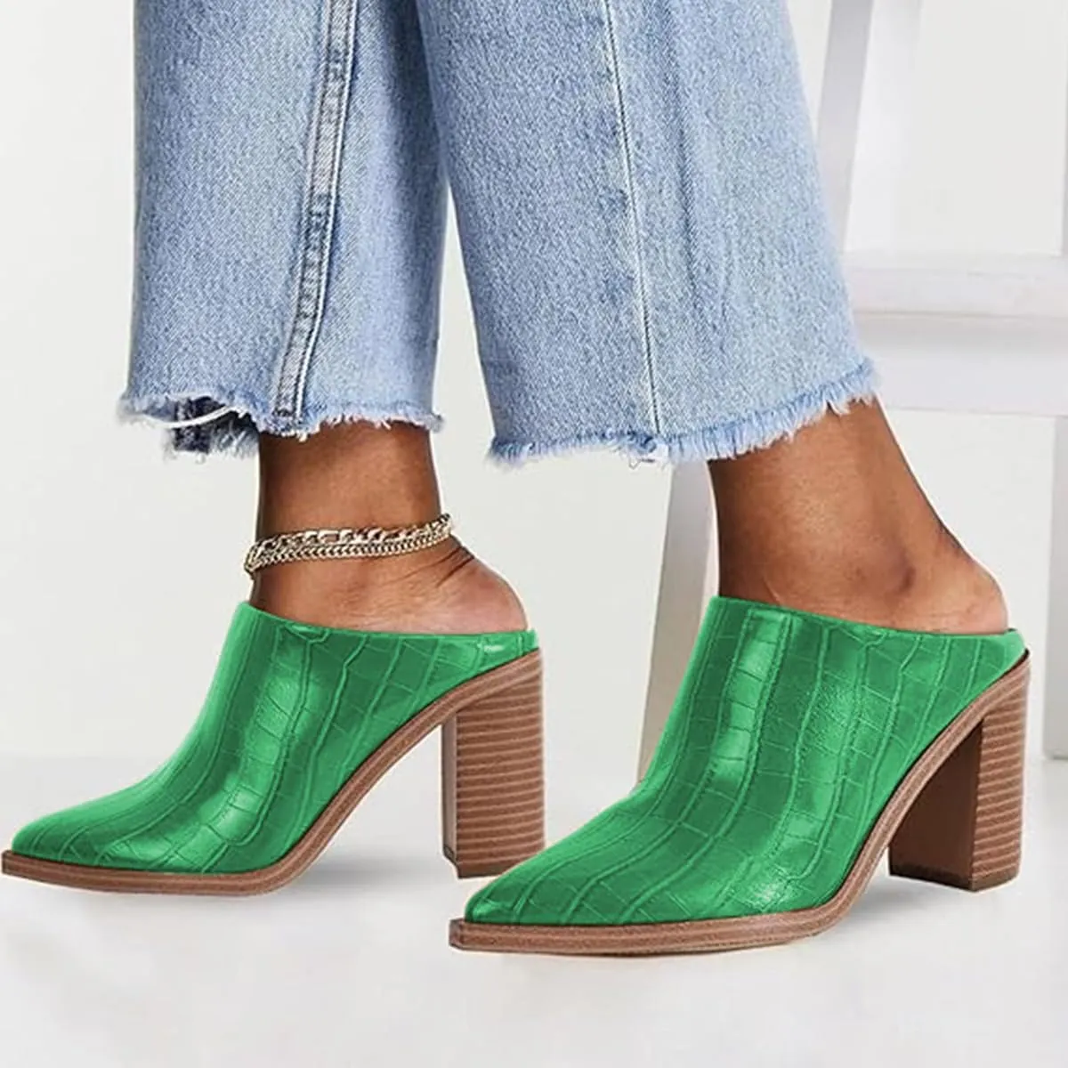 FOWT Women Pointed Toe Slip On Mules Stacked Block High Heel Sandal Comfortable Daily Party Nightclub Proms Shoes Size 4-16 US