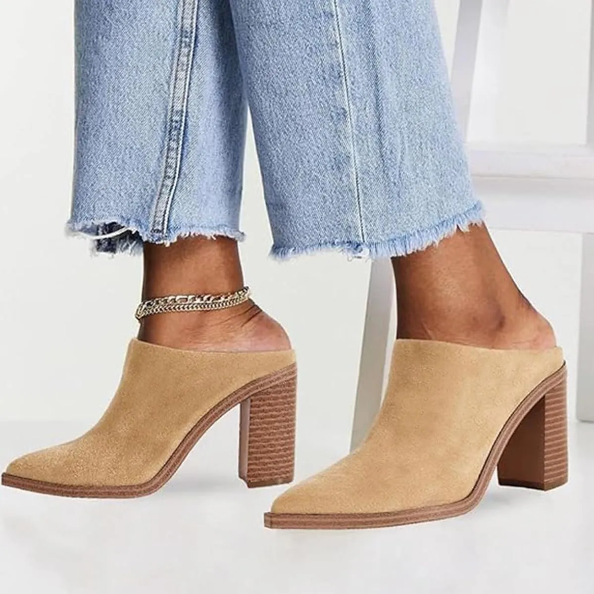 FOWT Women Pointed Toe Slip On Mules Stacked Block High Heel Sandal Comfortable Daily Party Nightclub Proms Shoes Size 4-16 US