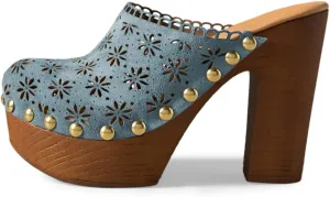 FOWT Women Studded Closed Round Toe Floral Cut Out Backless Platform Mules Chunky Super High Heel Slip on Stylish Dress Club Slide Sandals Size 4-16 US