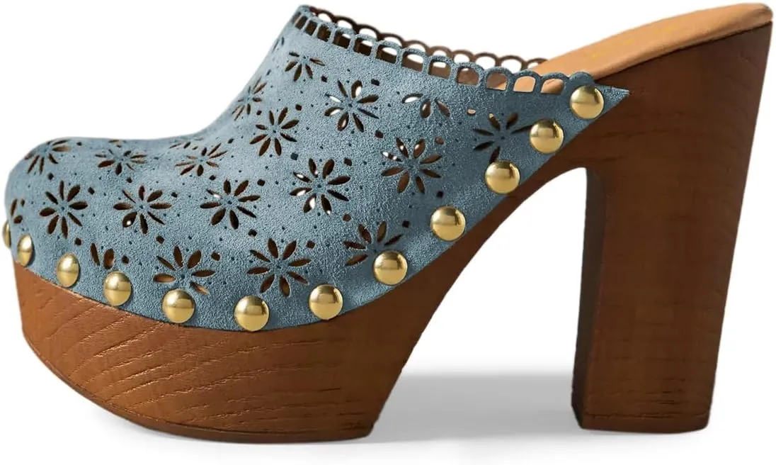 FOWT Women Studded Closed Round Toe Floral Cut Out Backless Platform Mules Chunky Super High Heel Slip on Stylish Dress Club Slide Sandals Size 4-16 US