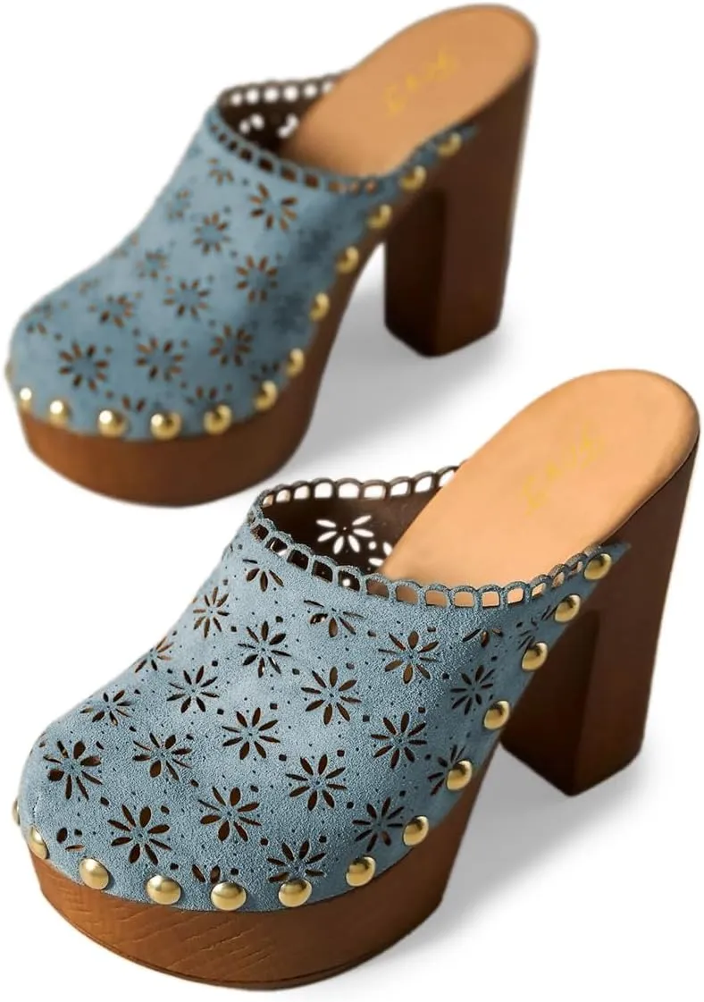 FOWT Women Studded Closed Round Toe Floral Cut Out Backless Platform Mules Chunky Super High Heel Slip on Stylish Dress Club Slide Sandals Size 4-16 US