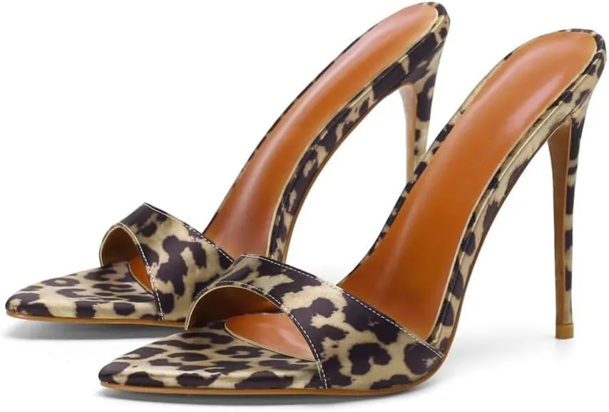 Frankie Hsu Sexy Stiletto Leopard Print High Heeled Sandal, Stylish Fashion High Heels Women Shoes, Designer Pointed Toe Satin Brown Spike Mule Sandal For Women US5-14