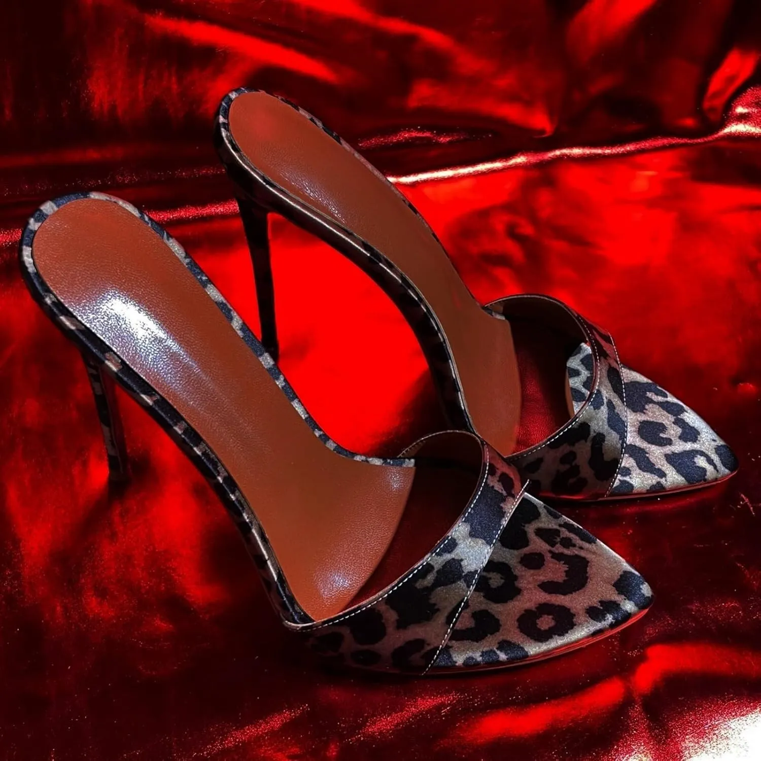 Frankie Hsu Sexy Stiletto Leopard Print High Heeled Sandal, Stylish Fashion High Heels Women Shoes, Designer Pointed Toe Satin Brown Spike Mule Sandal For Women US5-14