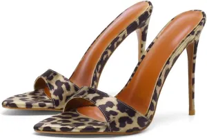 Frankie Hsu Sexy Stiletto Leopard Print High Heeled Sandal, Stylish Fashion High Heels Women Shoes, Designer Pointed Toe Satin Brown Spike Mule Sandal For Women US5-14